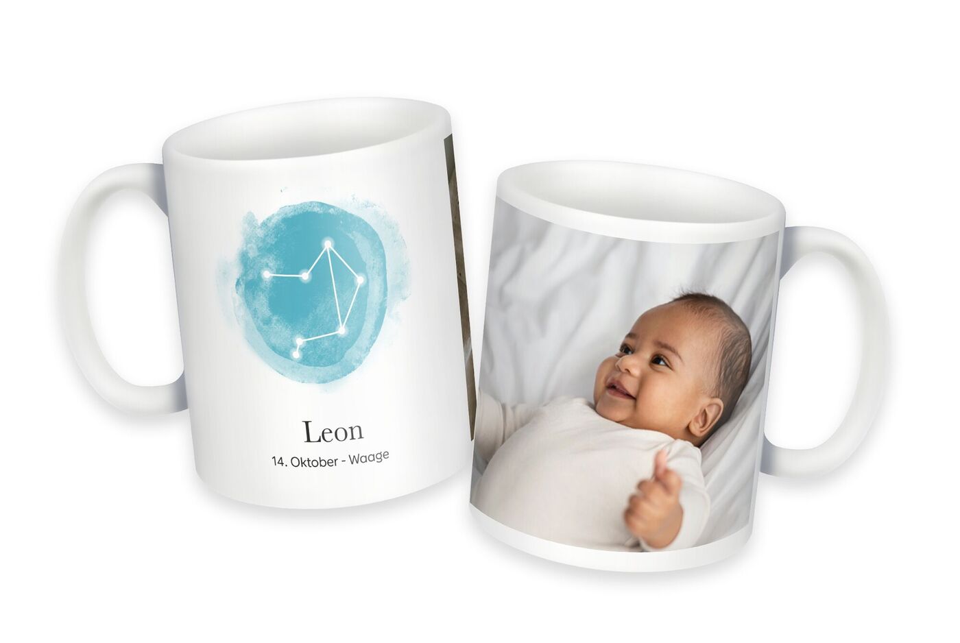 Weiße Tasse mit Babyfoto und personalisiertem Sternzeichen-Design Waage, Name Leon und Geburtsdatum 14. Oktober