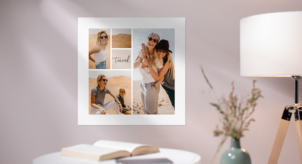 Kreatives CEWE Wandbild mit Reiseerinnerungen und Freunden in der Wüste