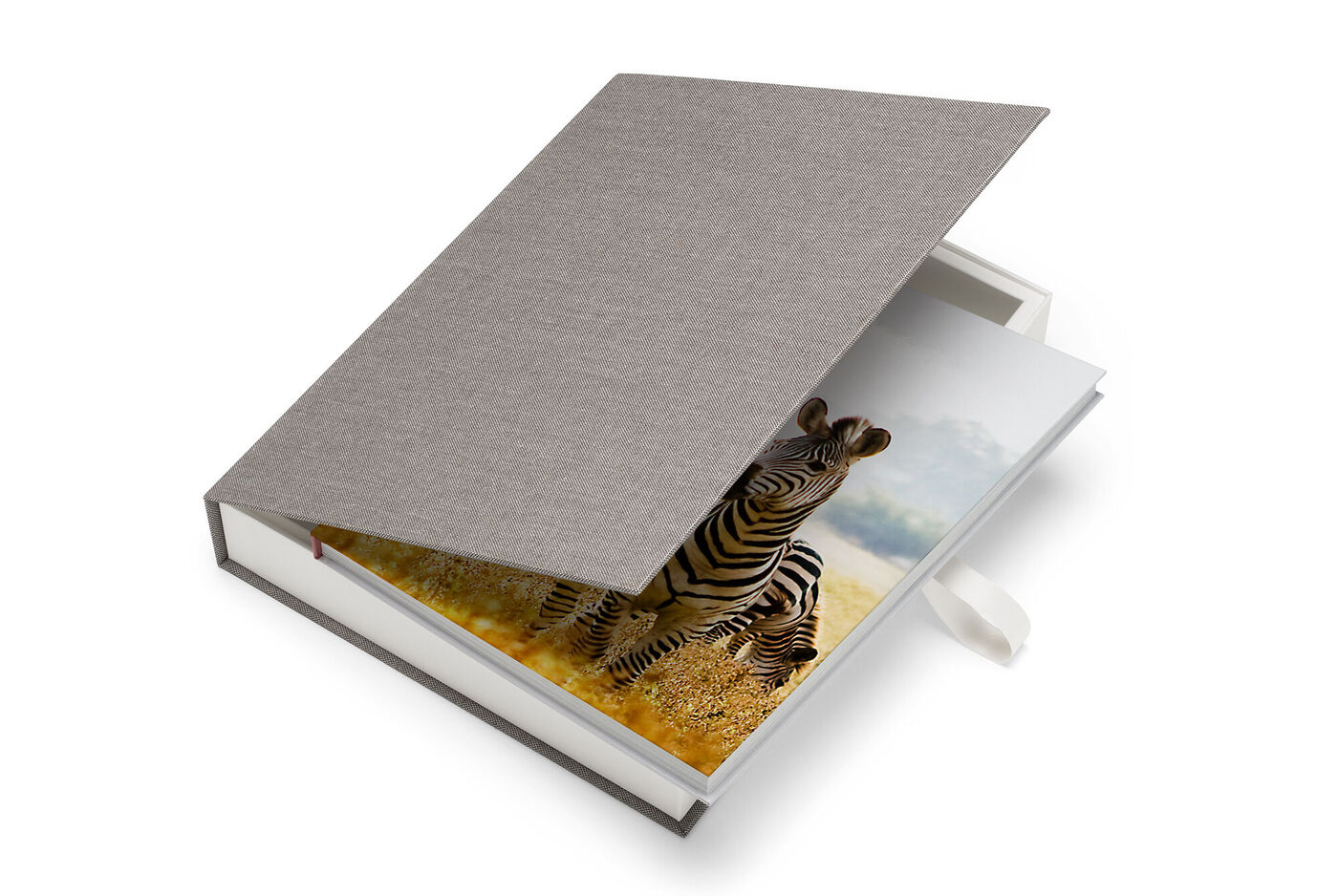 Ein geöffnetes CEWE Fotobuch mit einem Zebra auf der ersten Seite in einer herzlichen Umgebung.