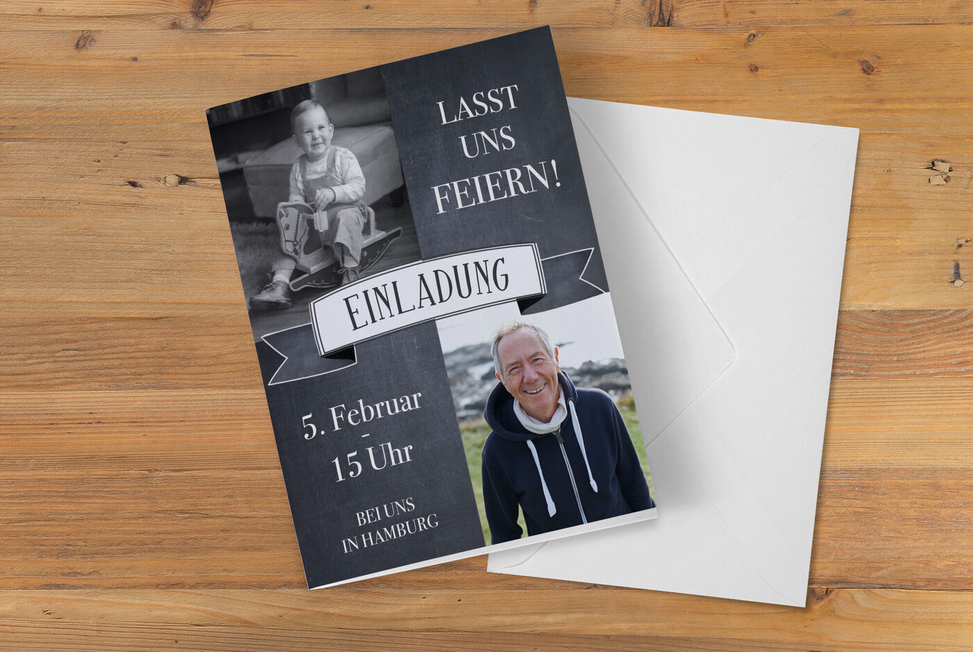Einladungskarte für eine Feier in Hamburg mit festlichem Design und Datum.
