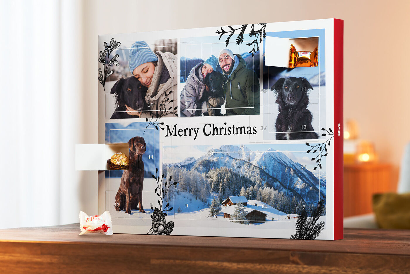 Ein wunderschönes, liebevoll gestaltetes CEWE Fotobuch mit Weihnachtsmotiven und einem Hund auf dem Cover.