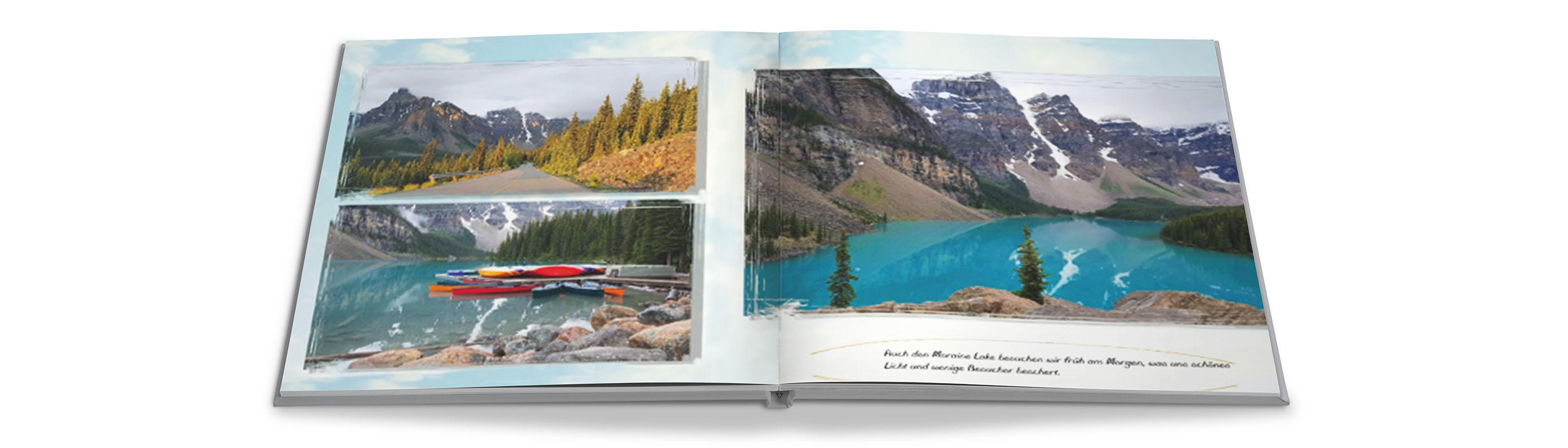 Wunderschöne Landschaftsaufnahmen in einem Fotobuch mit blauen Seen und schneebedeckten Bergen