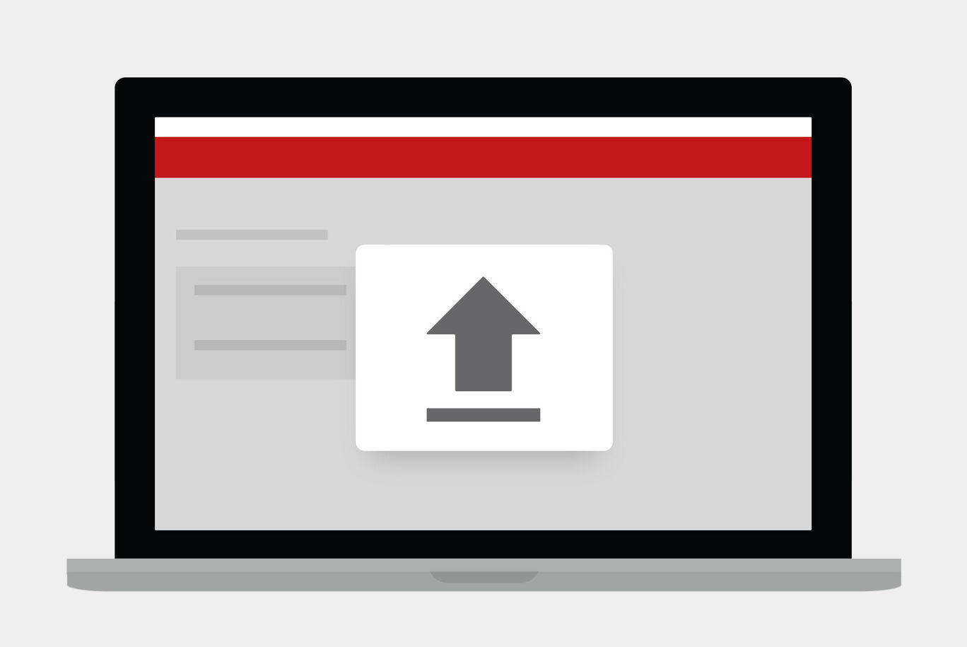 Laptop zeigt eine Upload-Symbol auf grauem Hintergrund