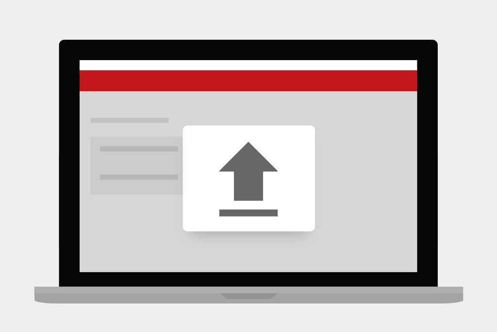 Laptop zeigt eine Upload-Symbol auf grauem Hintergrund