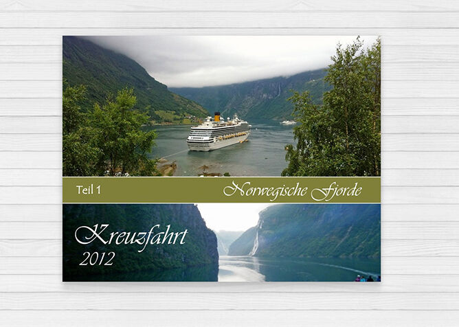 Ein wunderschönes Fotobuch über norwegische Fjorde, mit einem Kreuzfahrtschiff auf ruhigem Wasser.