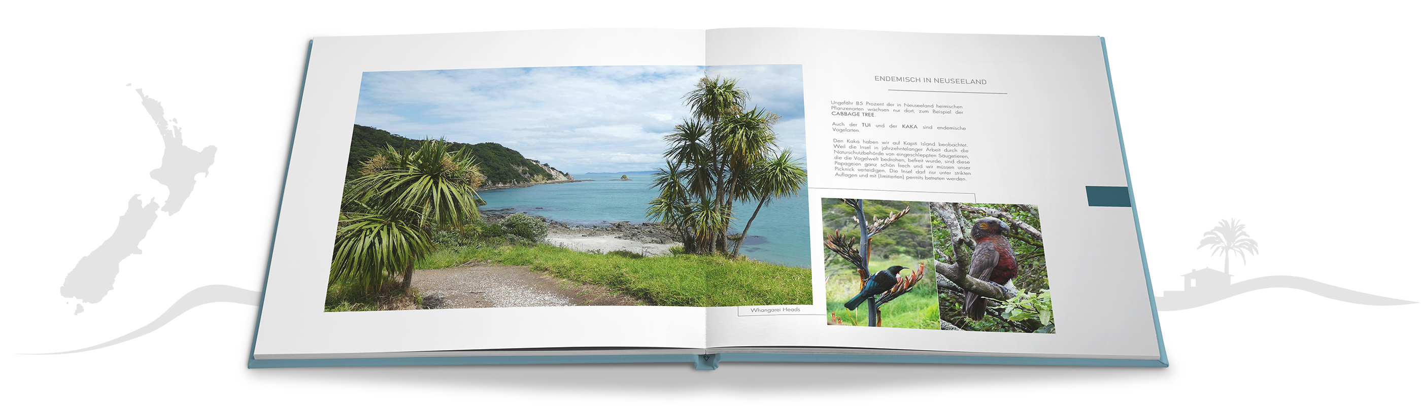 Aufgeschlagenes CEWE Fotobuch mit einer Landschaftsaufnahme und einem Bild von Vögeln.