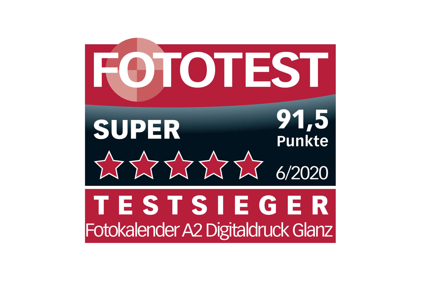 Das Bild zeigt ein Auszeichnungssiegel des FOTOTEST mit 'Testsieger', 91,5 Punkten für einen Fotokalender in A2 mit Glanzdruck.