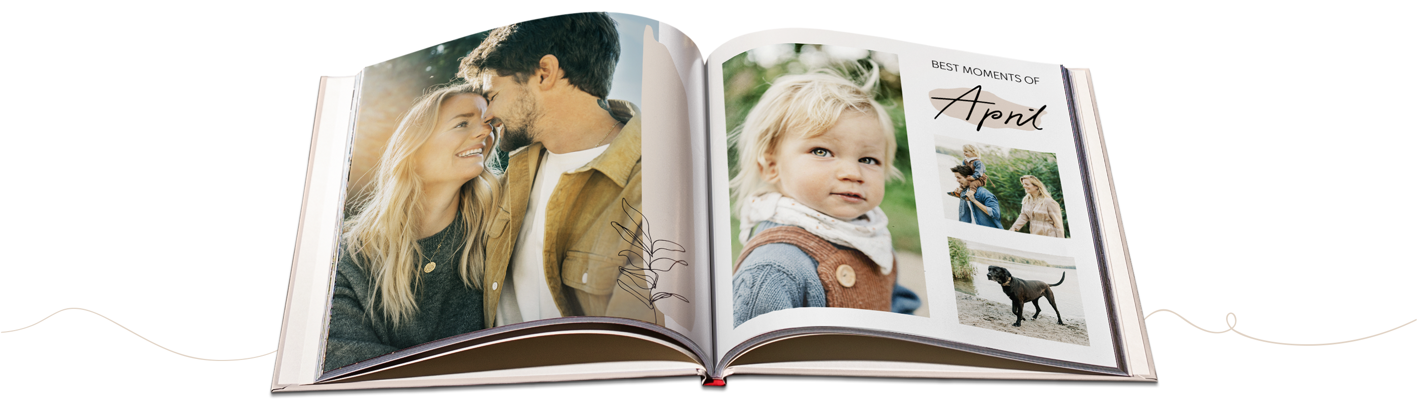 Offenes CEWE FOTOBUCH mit Bildern von moments und einer Unterschrift für April