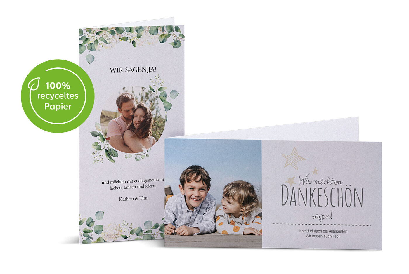 Eine kreative Dankeskarte aus 100% recyceltem Papier, mit einem fröhlichen Foto von zwei Kindern und einem schönen botanischen Design.