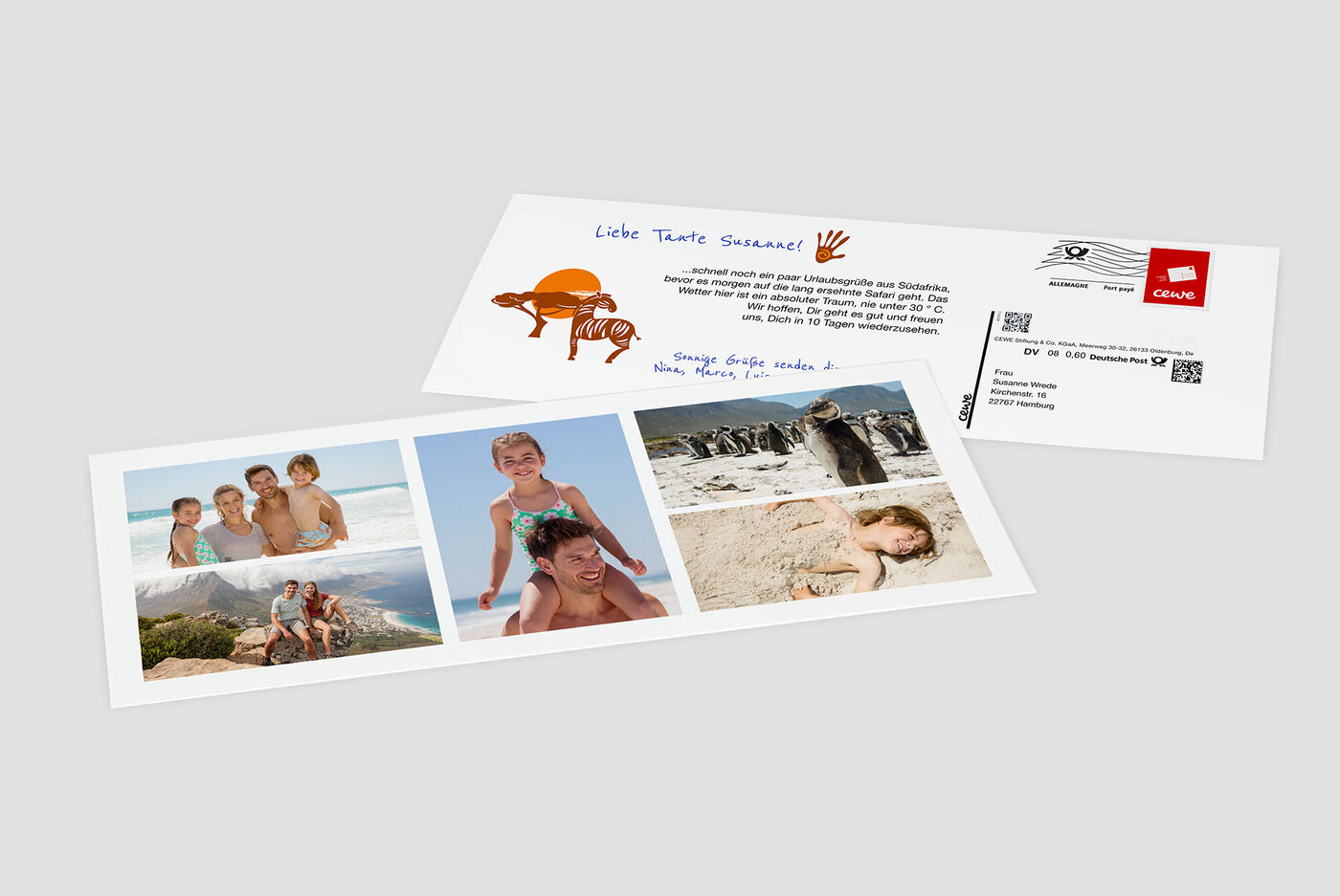Postkarte mit Familienfotos am Strand, liebevoll gestaltet