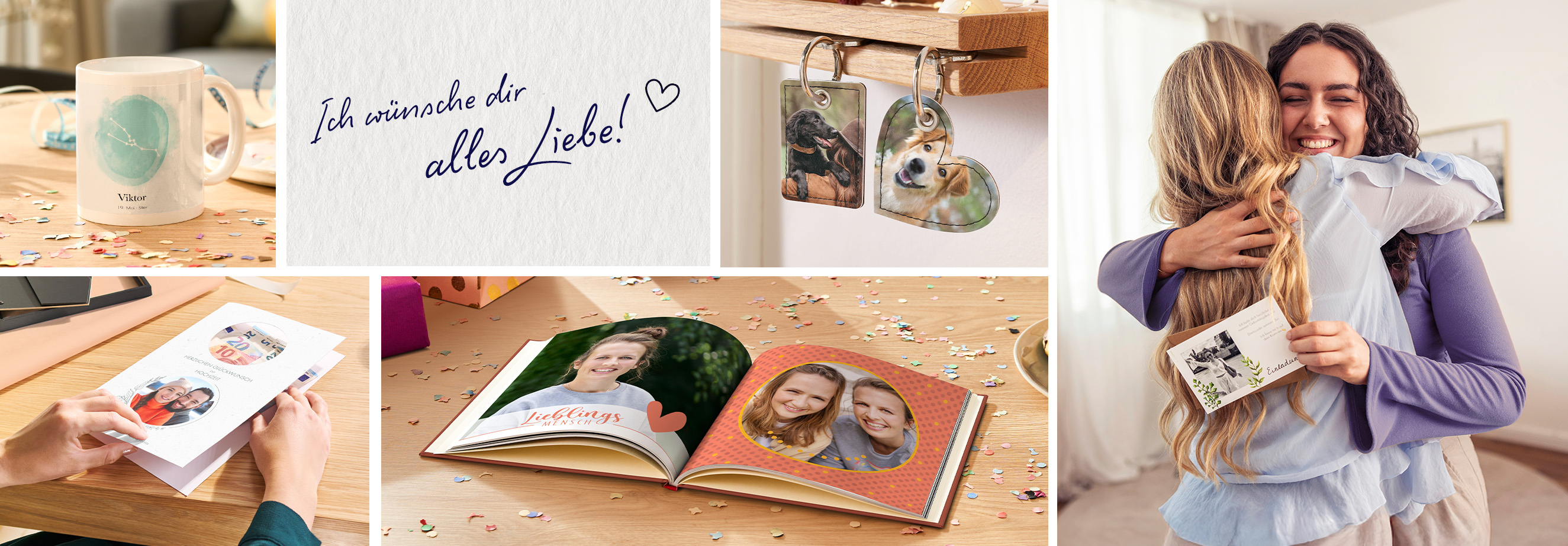 Eine collageartige Darstellung von liebevollen Geschenken, darunter ein Fotobuch, eine Tasse, CEWE Grußkarten und Schlüsselanhänger mit persönlichen Fotos. Die Bilder strahlen Freude aus und zeigen besondere Momente.