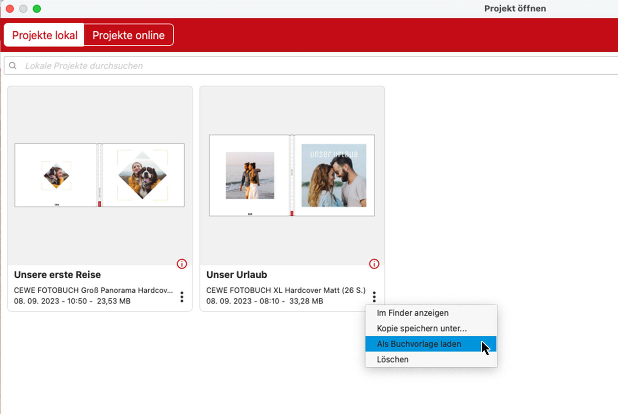 Screenshot einer Software, die CEWE Fotobücher und Projekte anzeigt