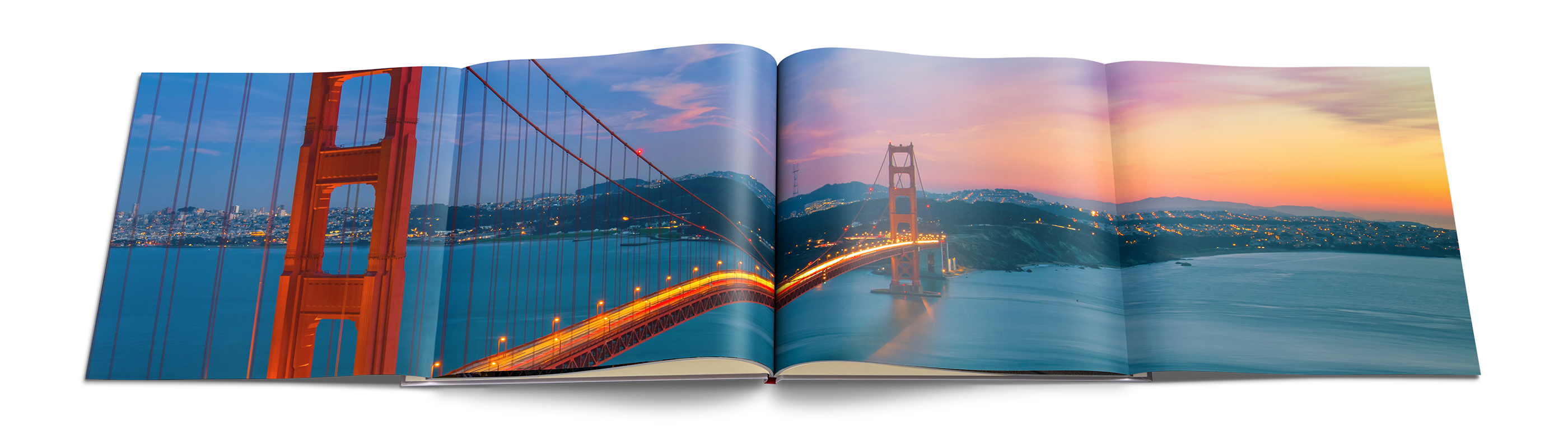 offenes Fotobuch mit Golden Gate Bridge bei Sonnenuntergang