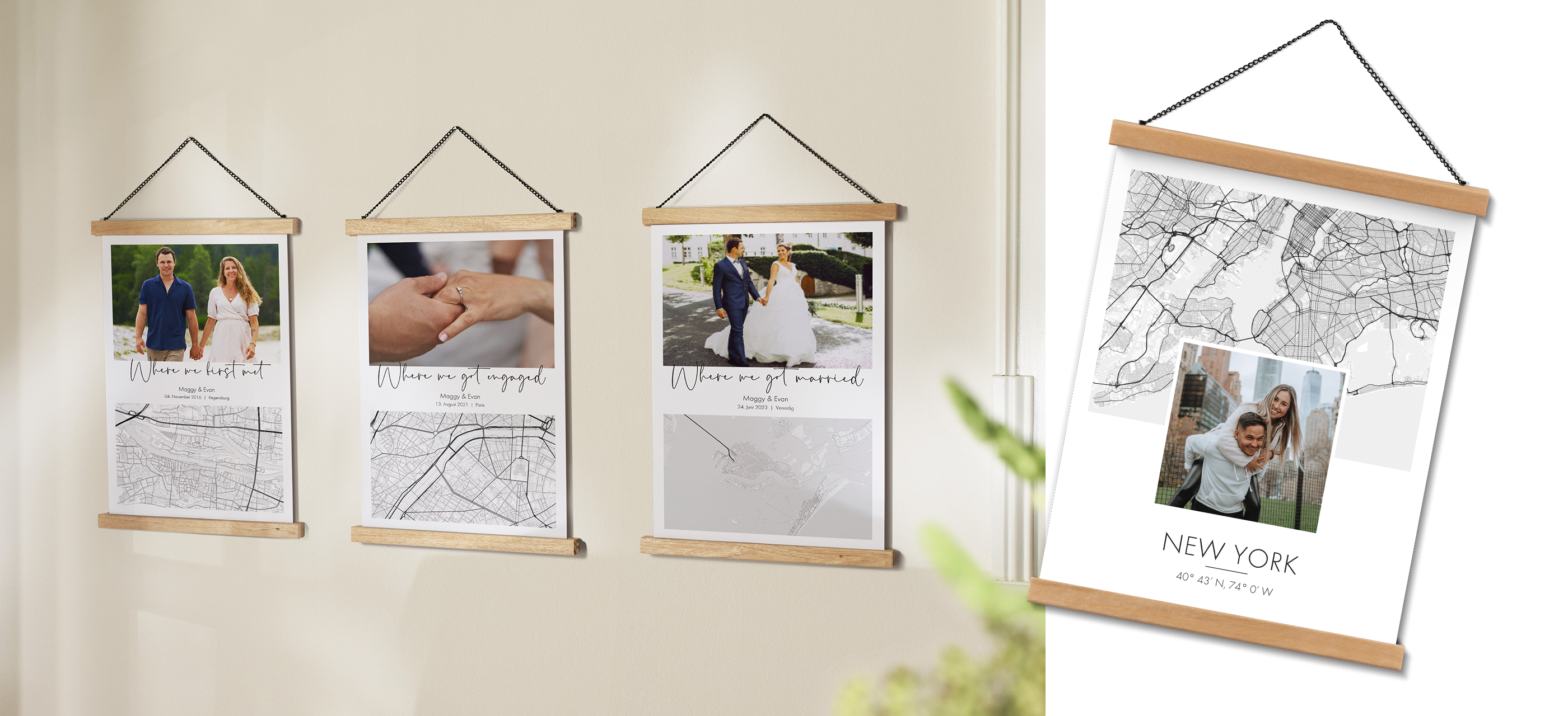 Drei gerahmte Bilder an einer Wand mit glücklichen Erinnerungen und einer Stadtkarte.