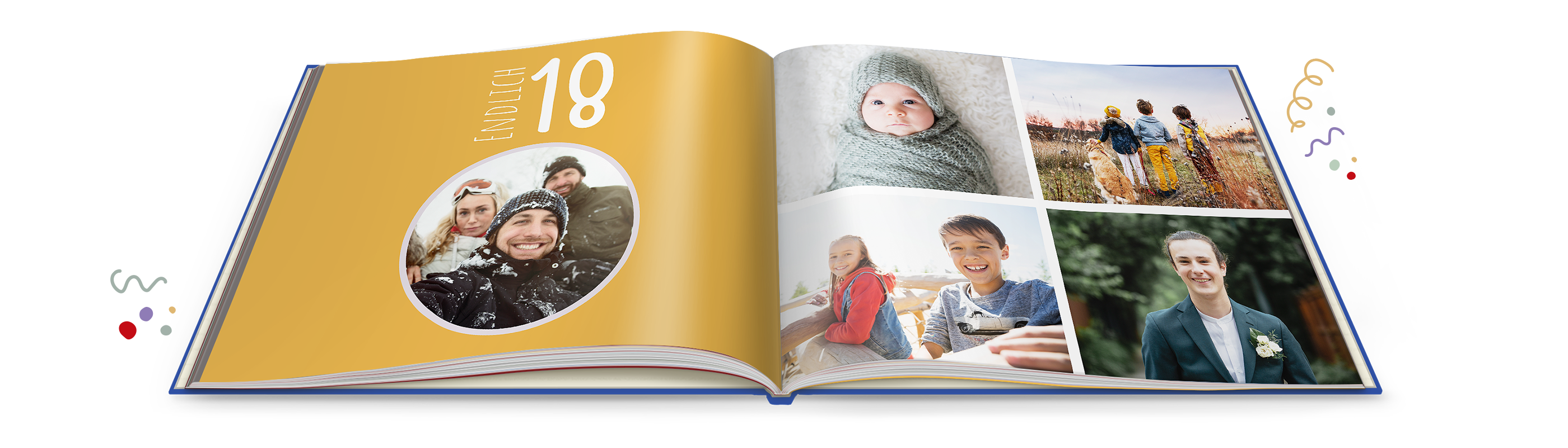 Ein offenes CEWE FOTOBUCH mit verschiedenen Erinnerungsfotos auf gelbem Hintergrund. Das Buch zeigt liebevolle Momente und besondere Augenblicke.