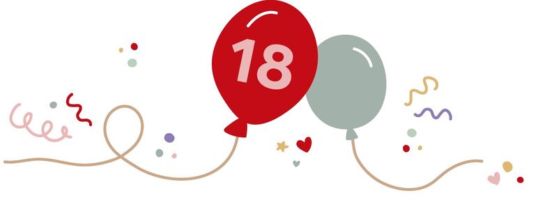  Zwei Luftballons, ein roter mit der Zahl 18 und ein grauer, umgeben von bunten Feier-Elementen 