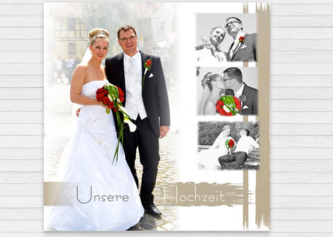 Ein Brautpaar posiert glücklich an ihrem Hochzeitstag, umgeben von Erinnerungen in einem schönen Layout.