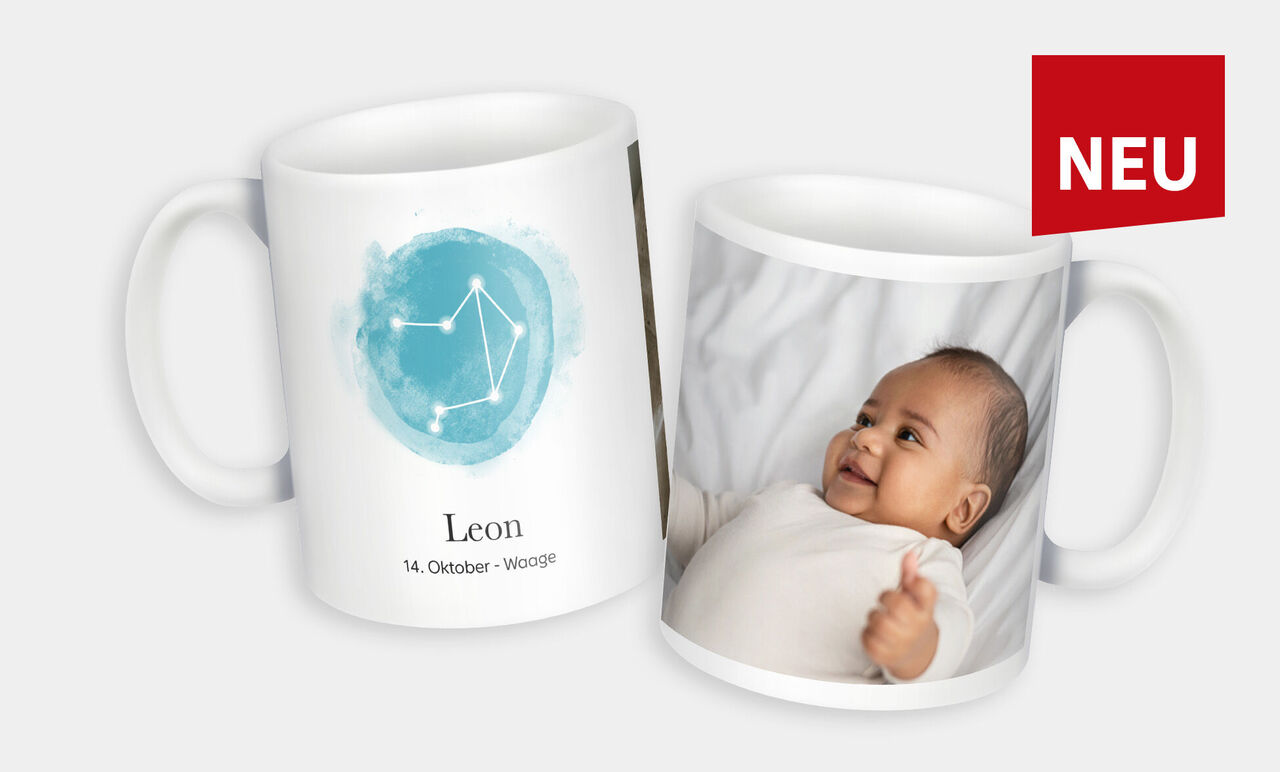 Personalisierte Tasse mit Sternzeichen und Geburtsdatum.
