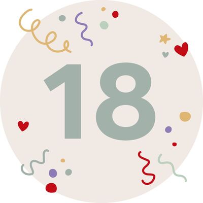 Eine bunte Feier mit dem Zahlenmotiv 18, umgeben von Herzen und Konfetti