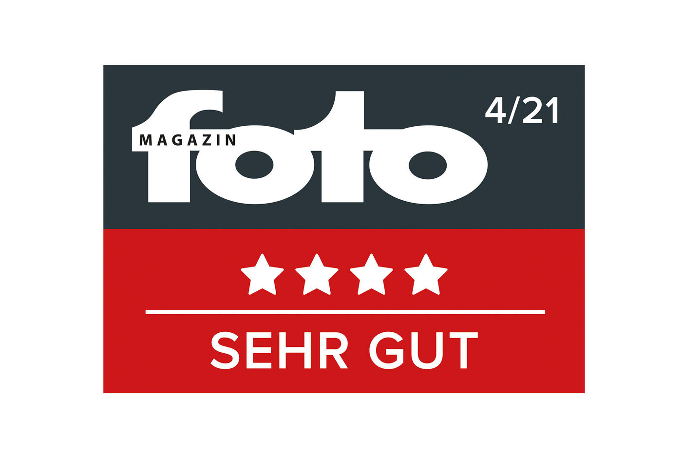 Auszeichnung von 'FOTO Magazin' für hervorragende Qualität mit 4 Sternen und dem Text 'SEHR GUT'