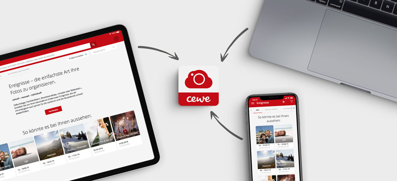 Handy und Tablet zeigen die CEWE Foto App im Einsatz