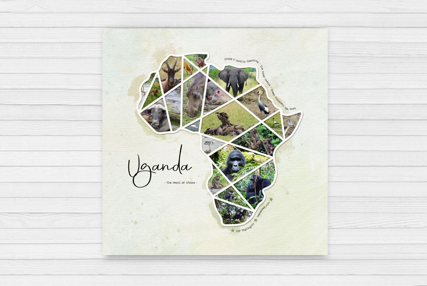 Kreatives Wandbild von Afrika mit Tieren und Naturmotiven, das Uganda hervorhebt