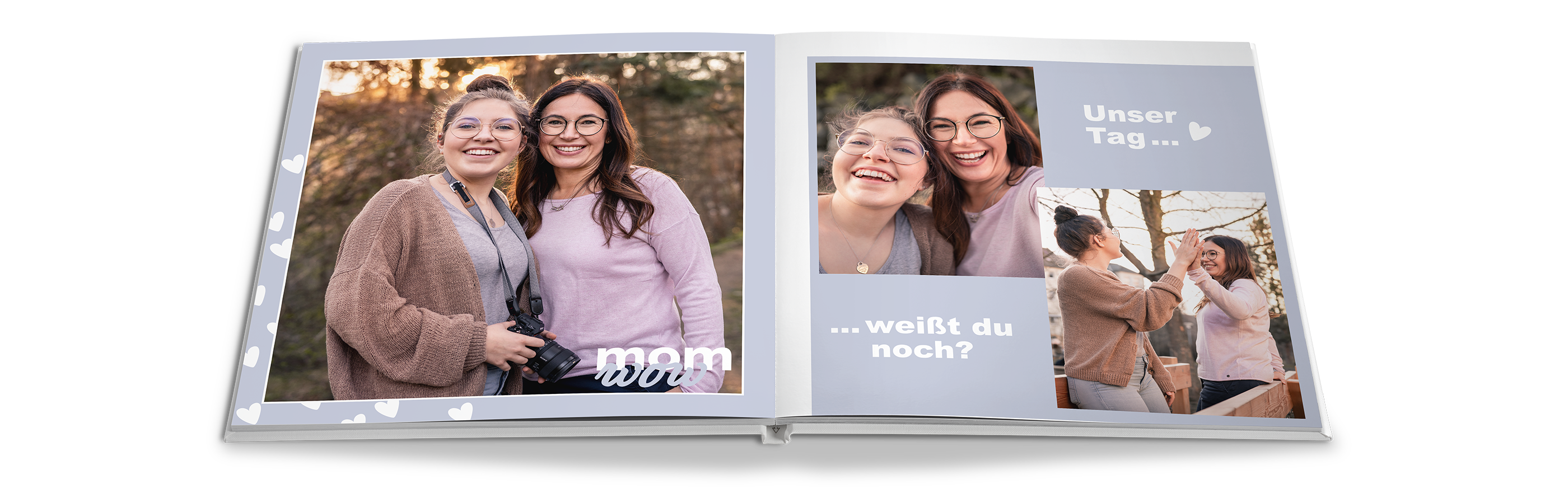 Ein offenes CEWE FOTOBUCH mit Bildern vom gemeinsamen Tag im Freien. Es zeigt fröhliche Momente und Erinnerungen zwischen Freundinnen.