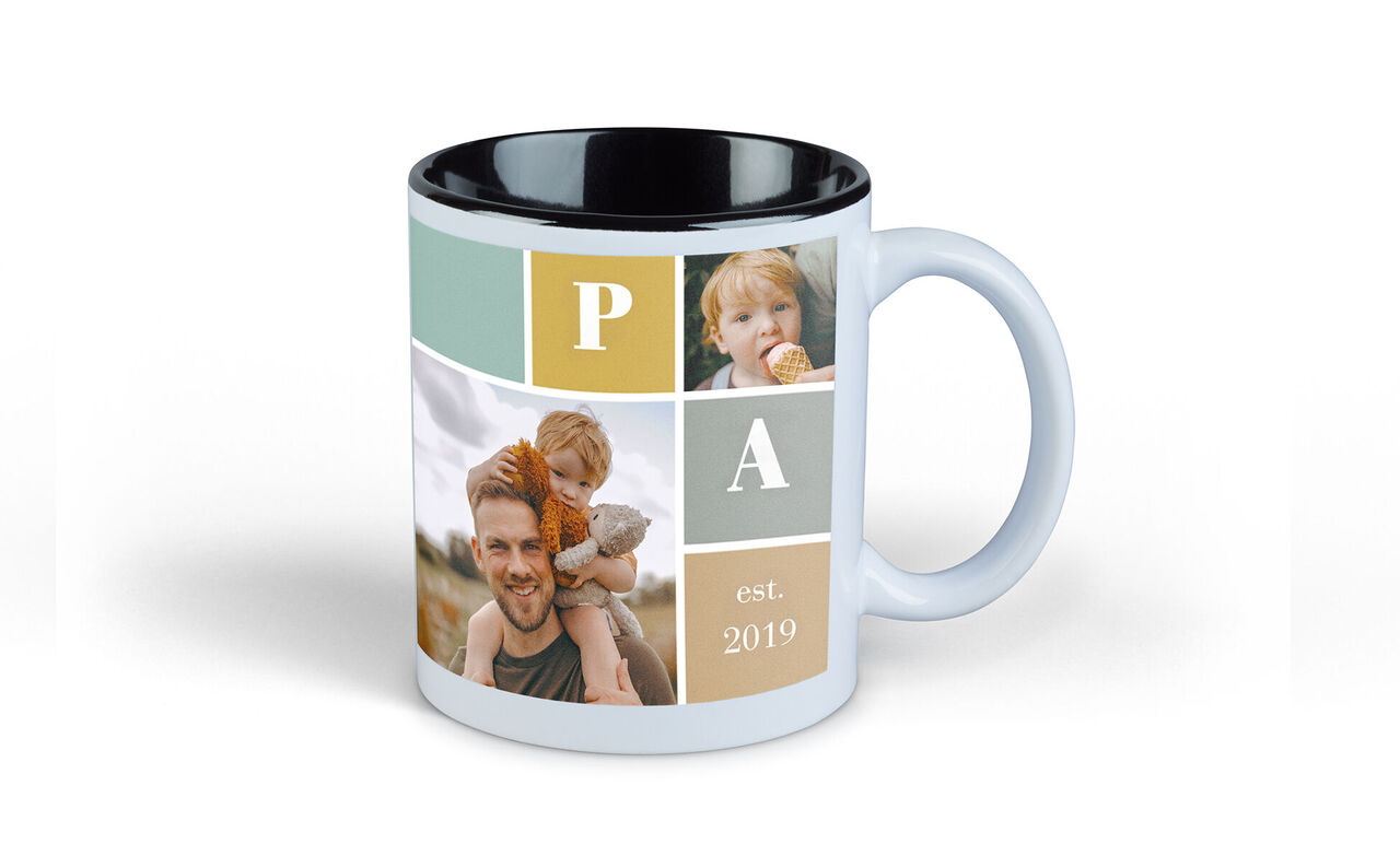 Tasse mit personalisierten Fotos, bunten Rahmen und Jahr
