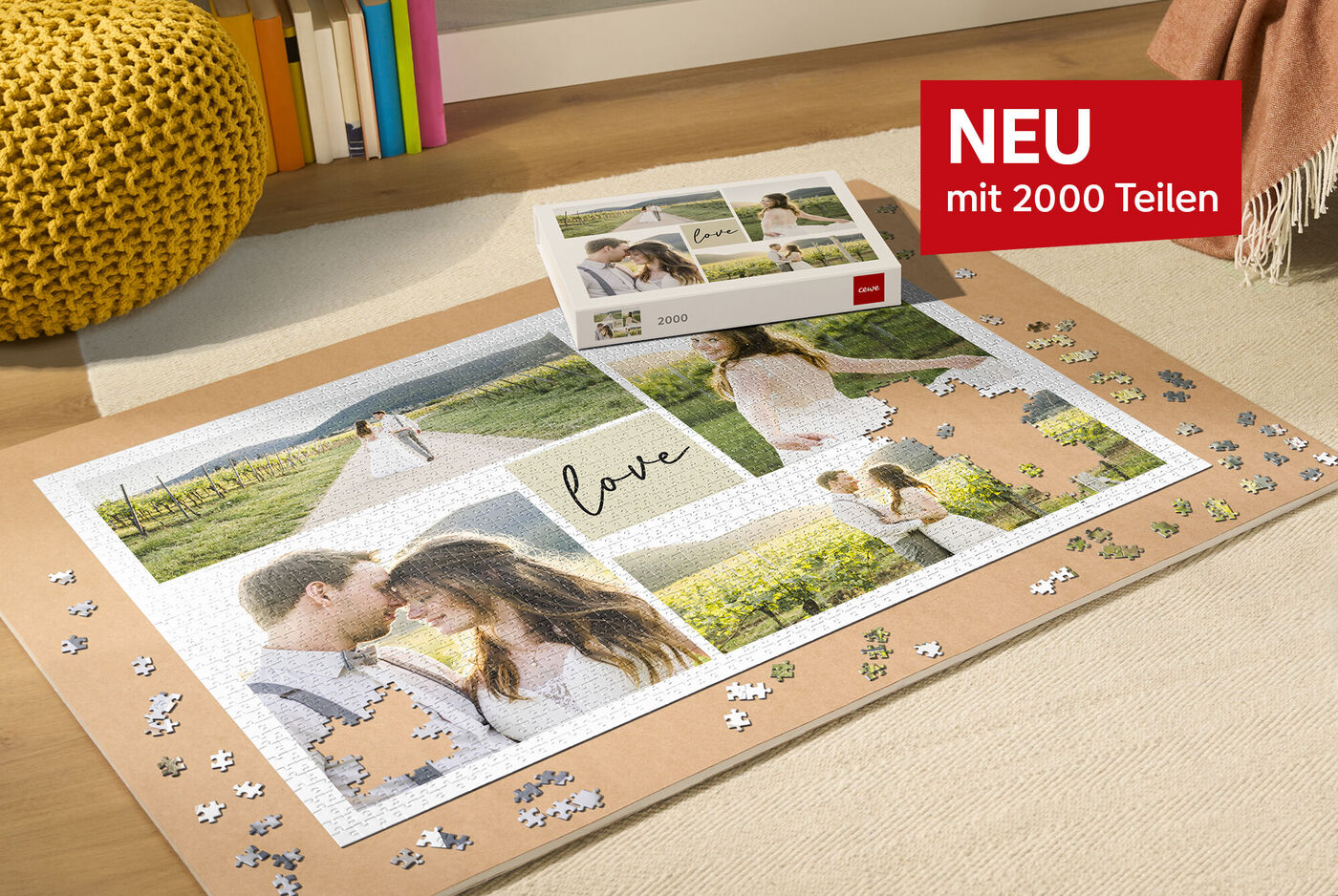 Puzzle mit Bildern eines Paares im Freien und dem Wort 'love'.