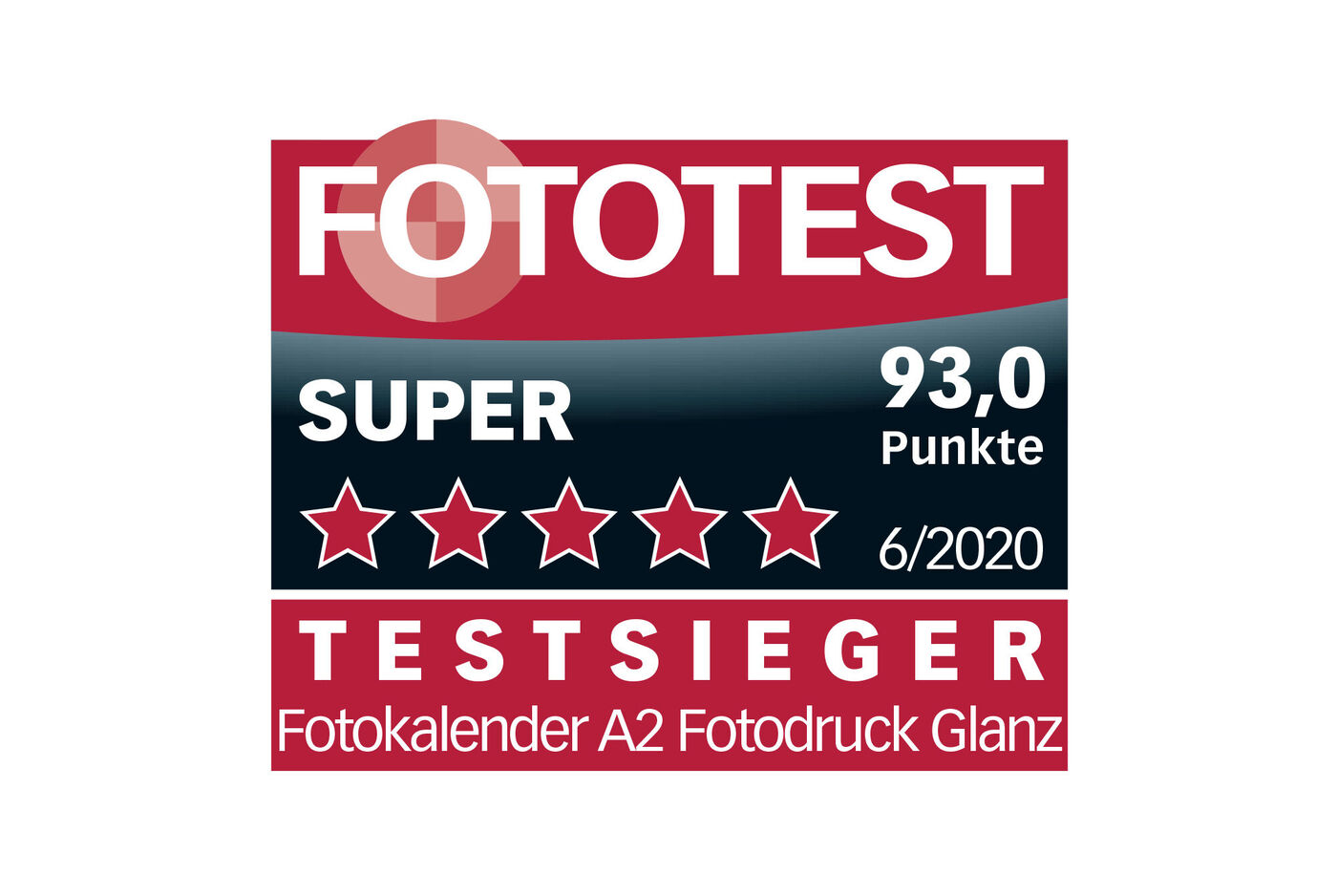 Ausgezeichnetes Gütesiegel mit 5 Sternen für den CEWE Fotokalender A2. Es zeigt die Note 93,0 auf einem rot-schwarzen Schild mit dem Text "FOTOTEST", "SUPER" und "TESTSIEGER".