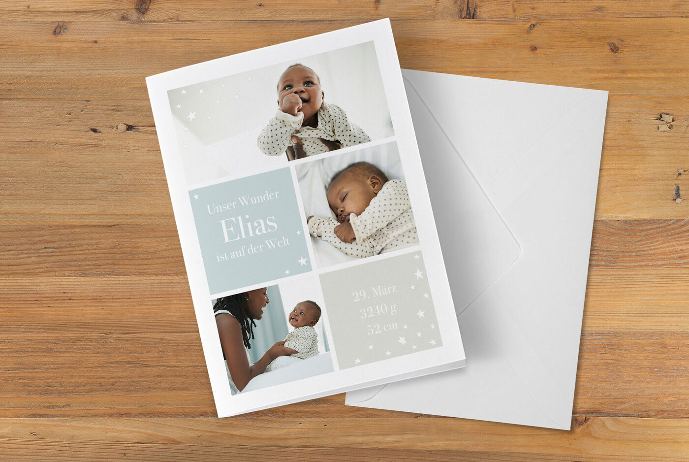 Eine liebevolle Grußkarte mit dem Namen Elias und Fotos eines Babys.