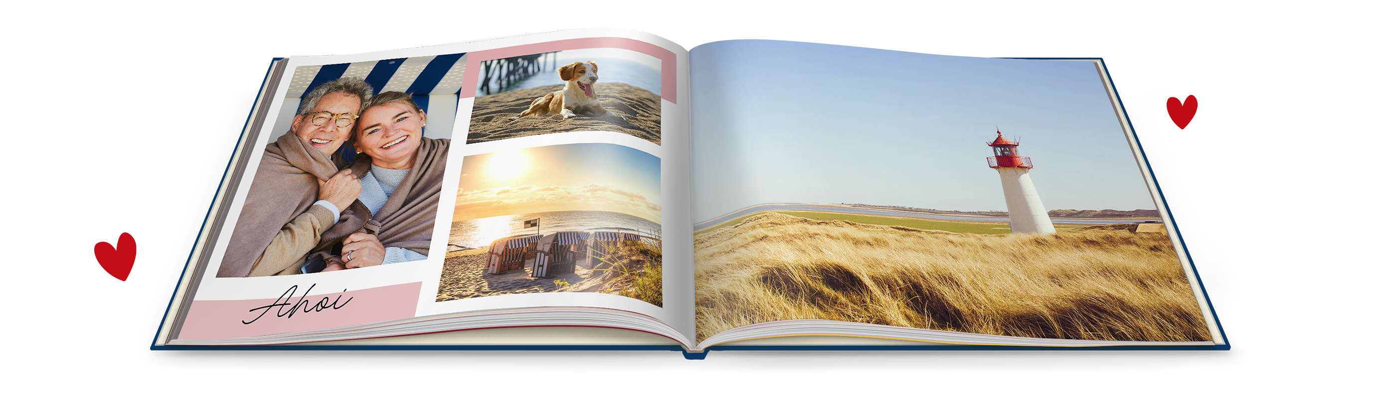Offenes Fotobuch mit liebevollen Erinnerungen und schönen Landschaftsbildern