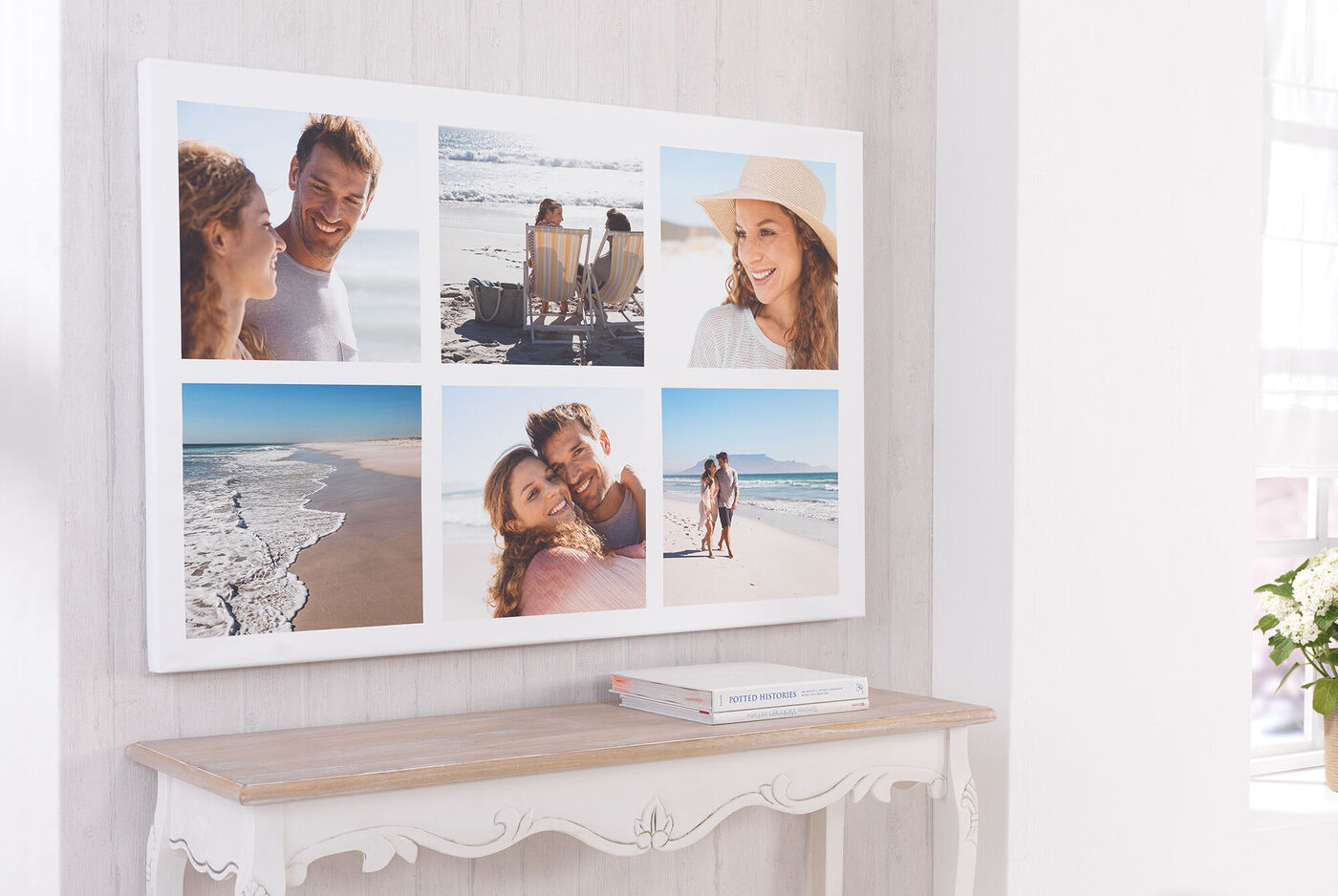 Wandbild mit mehreren Fotocollagen von Menschen am Strand und in der Natur