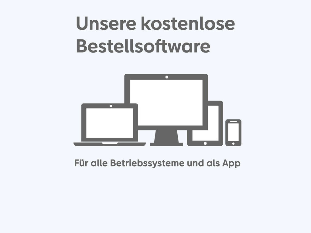 Grafik zeigt verschiedene Geräte mit Bildschirm, darunter Laptop, Desktop und Smartphone, die die kostenlose Bestellsoftware von CEWE bewerben